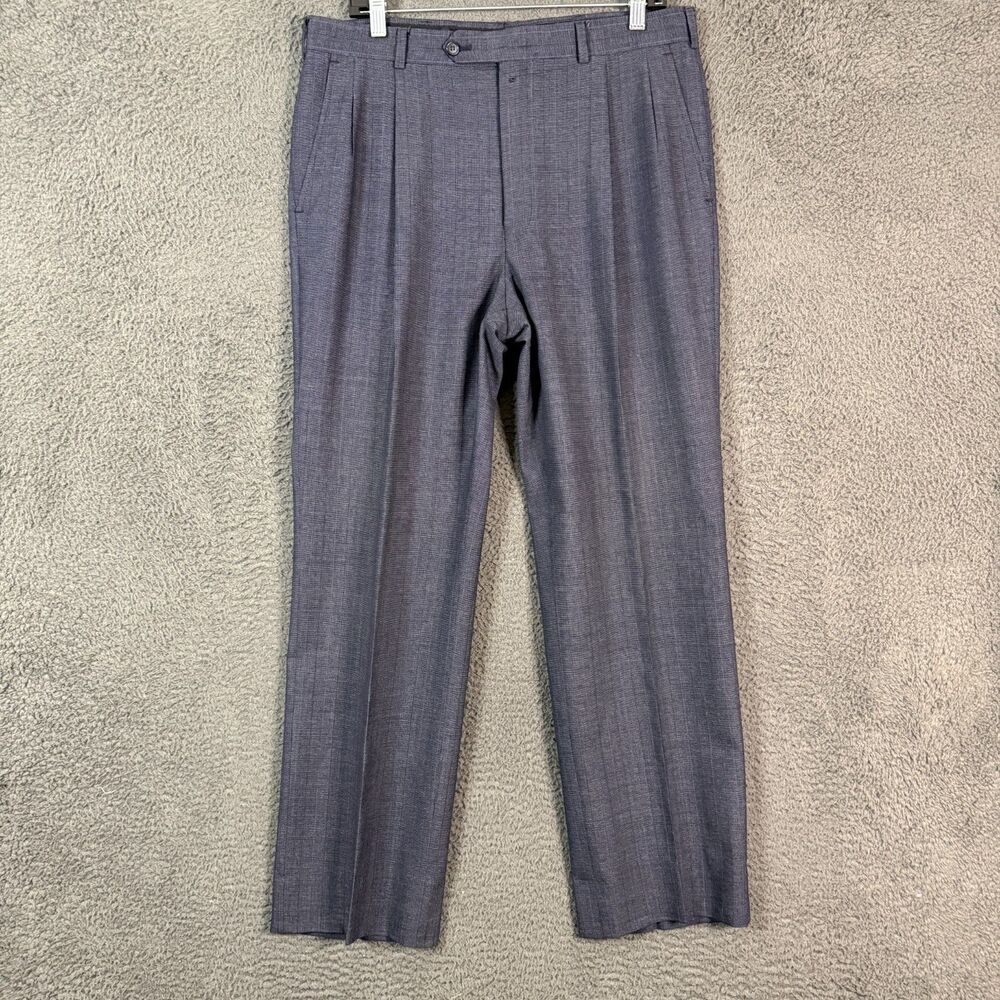 Vtg Burberry Pants Mens 34x30 Blue Plaid Classic Fit Pleated Wool Trousers